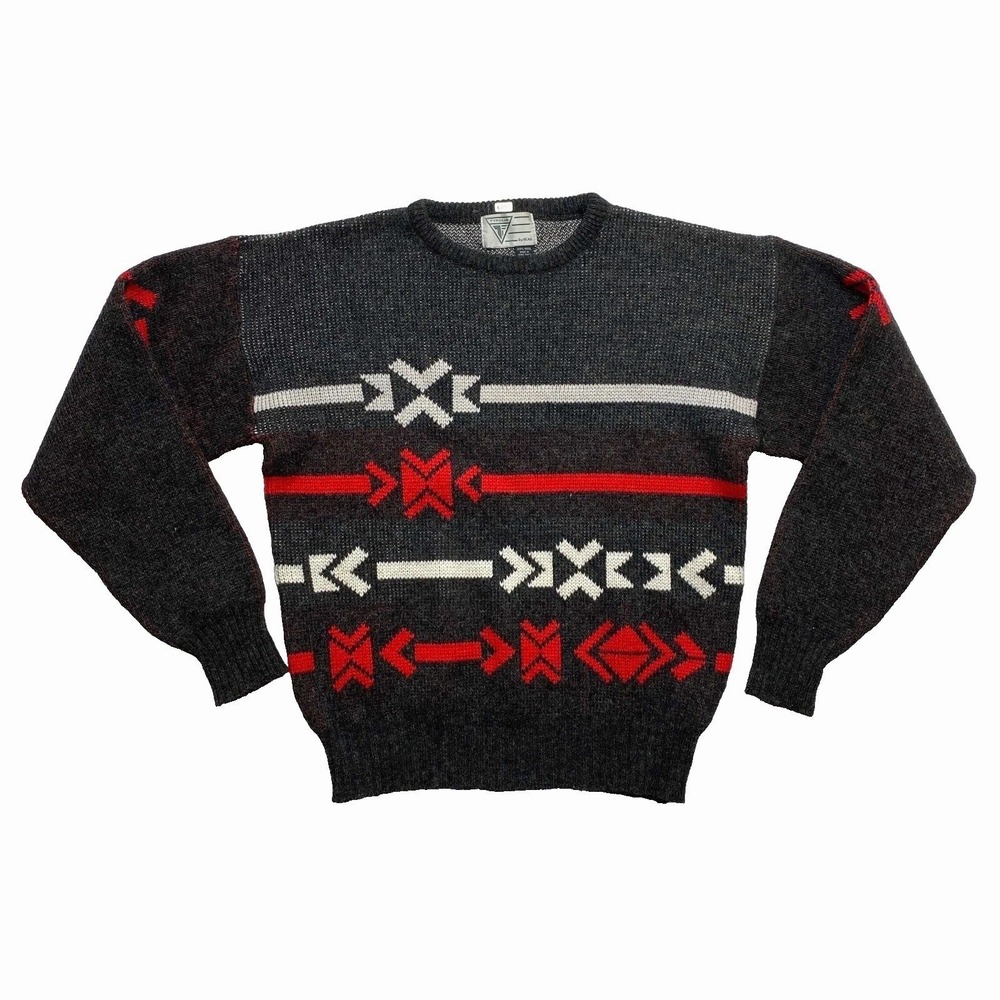 Tyrolia Sweater Mens Large Gray Red White Geometric Wool Pullover Vintage